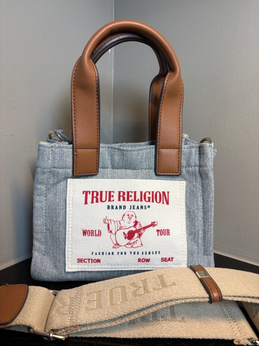True Religion Denim Mini Tote with Brown Handles and Red Logo